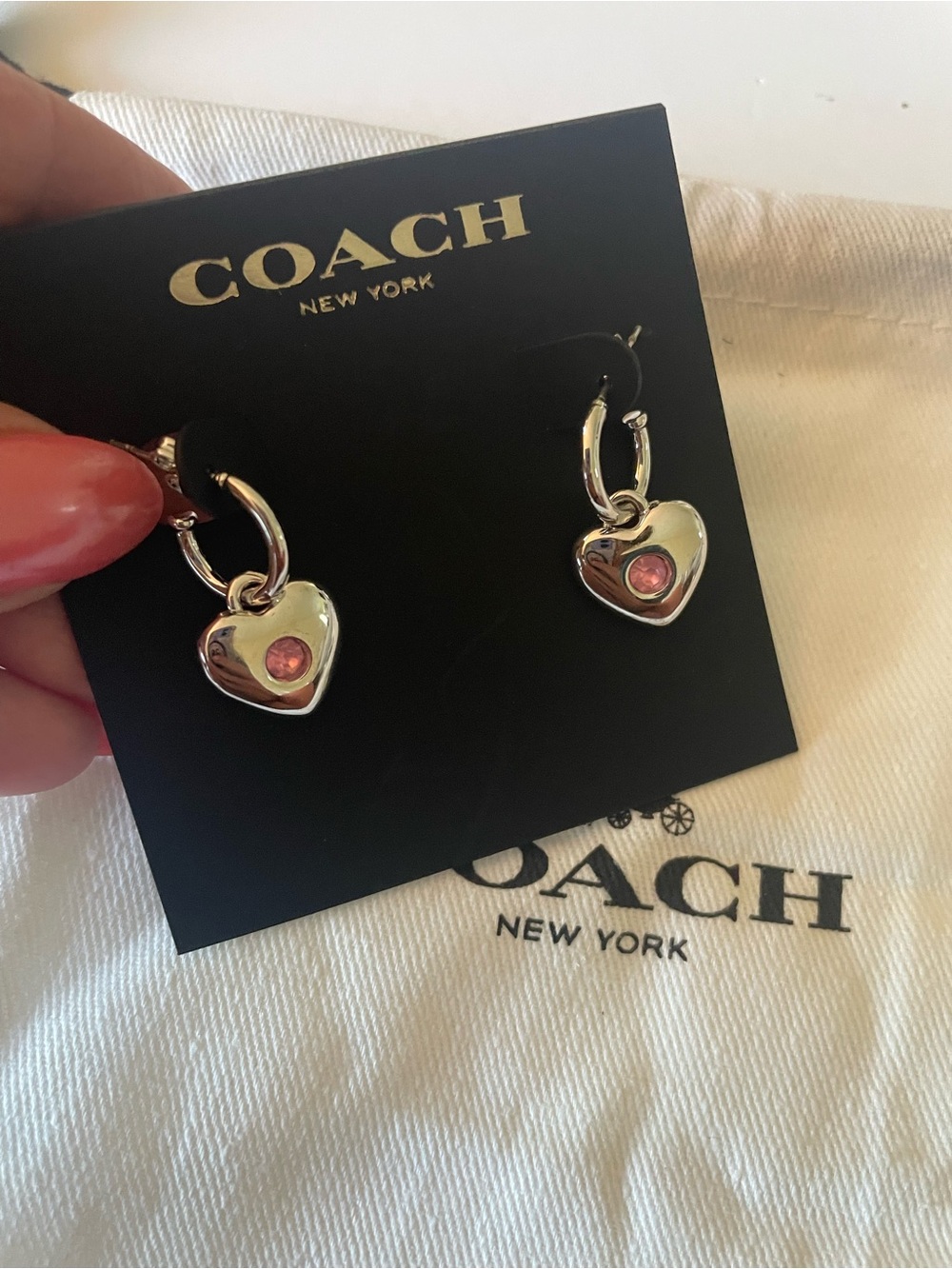 Coach Silver Heart Hoop Earrings with Pink Stone